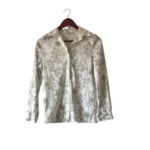 Vintage Green Floral Print Button Down Blouse 70s Double Knit size small